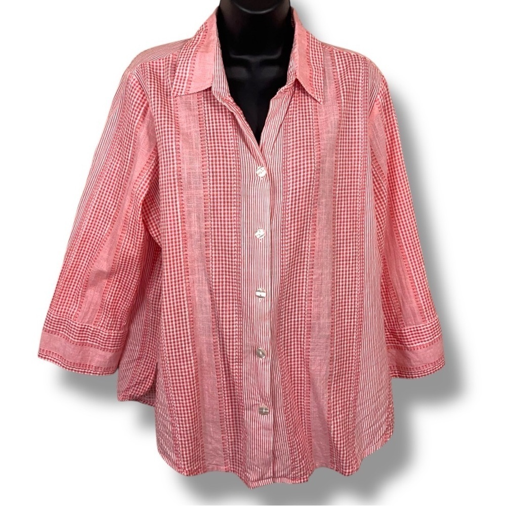 Vintage Large Rebecca Malone Red White Gingham Cotton Top Button Front